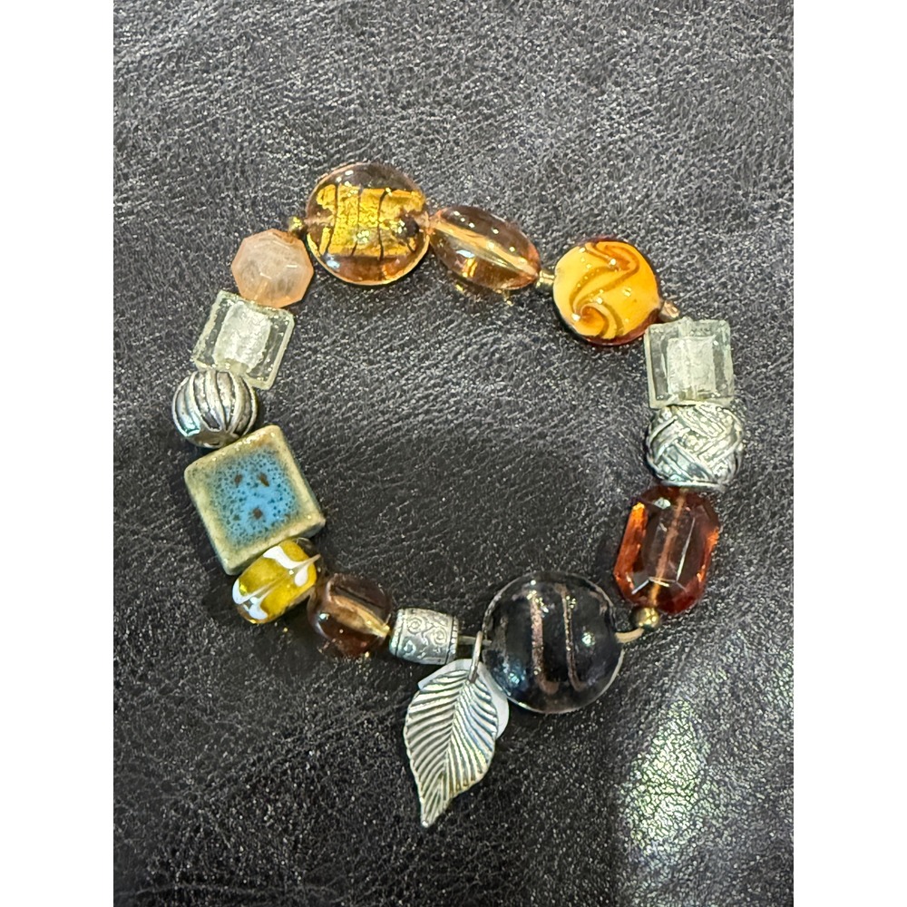 Beaded Stretch Bracelet Amber Brown Orange Glass‎ Leaf Charm Boho Statement